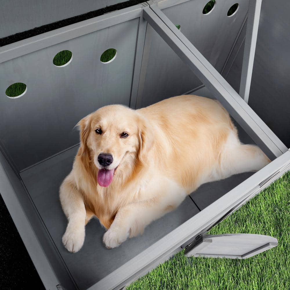 Large Gray Pinewood Outdoor Dog House with Feeding Bowls