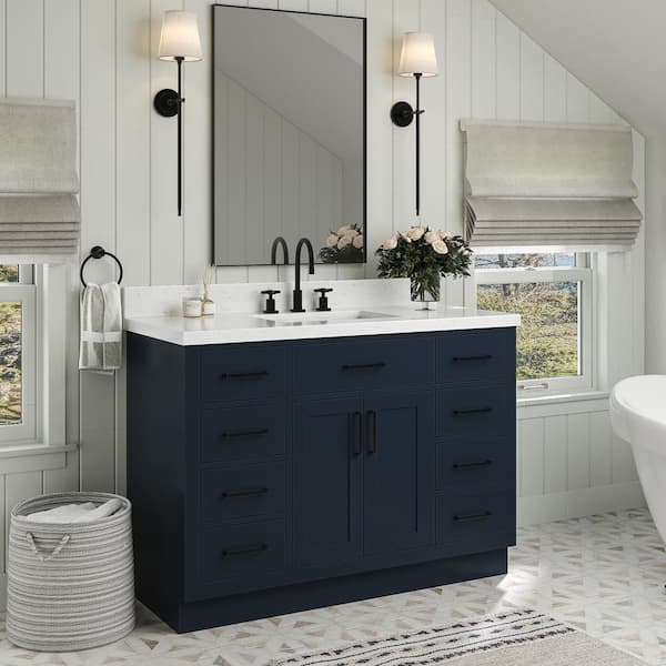 Hepburn 48 in. W x 22 in. D x 36 in. H Single Sink Freestanding Bath Vanity in Midnight Blue with Carrara Quartz Top