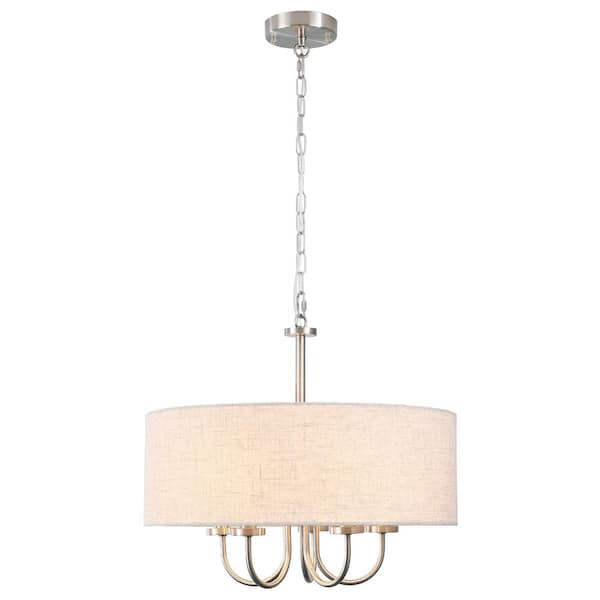 ADSENSTY 19.09 in. 5-Light Sand Nickel Modern Drum Candlestick Chandelier Farmhouse Pendant Light with Coth Shade