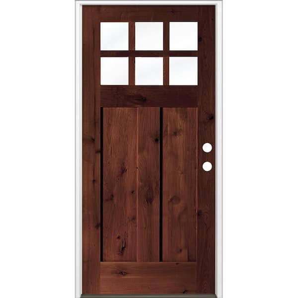 36 in. x 80 in. Craftsman Knotty Alder Left-Hand/Inswing 6-Lite Clear Glass Red Mahogany Stain Wood Prehung Front Door