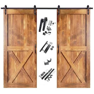 48 in. x 84 in. X-Frame Early American Double Pine Wood Interior Sliding Barn Door with Hardware Kit, Non-Bypass