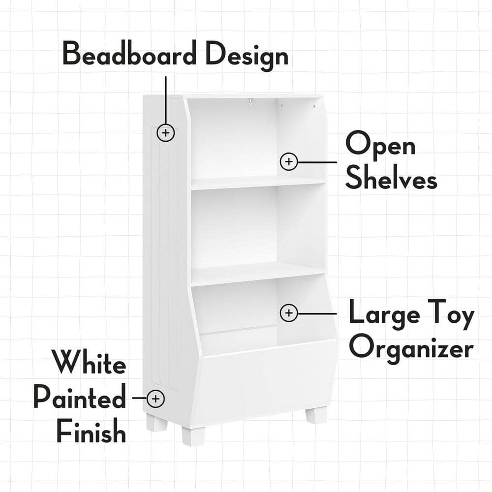 Kids White Bookshelf with Blue Fabric Bins and Veggie Bin