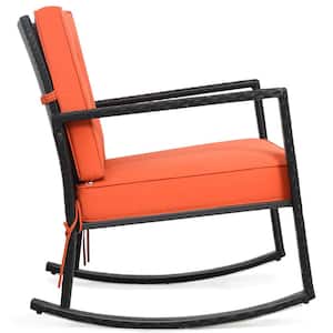 Wicker Outdoor Rocking Chair Patio Lawn Rattan Single Chair Glider with Orange Cushion