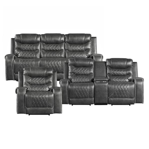 Lazzara Bergen 86.5 in. W Straight Arm Faux Leather Rectangle 3-Piece Power Reclining Sofa Set in Gray
