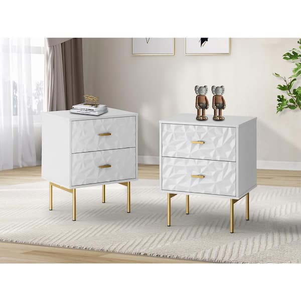JAYDEN CREATION Vladimiro White Water ripple Pattern 2-Drawer High Gloss Nightstand Cabinet with Golden Stands Set of 2