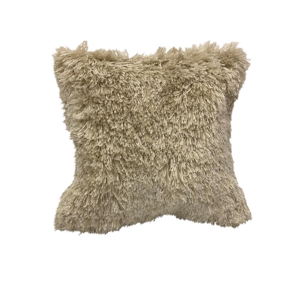 Quinto Ivory Shag Solid Fluffy Poly-Fill 18 in. x 18 in. Throw Pillow
