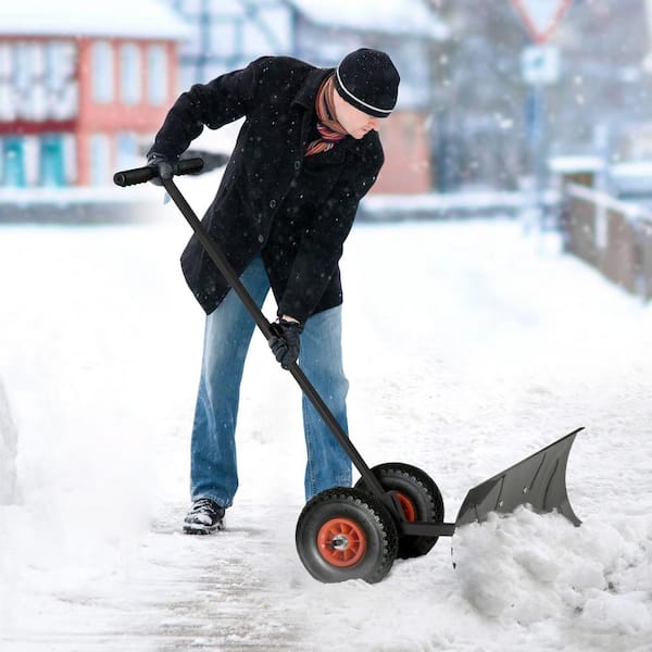 AUTMOON 15.75 in. Rubber Angle-Adjustable Handle Steel Snow Shovel Rolling Pusher with Wheels, Black