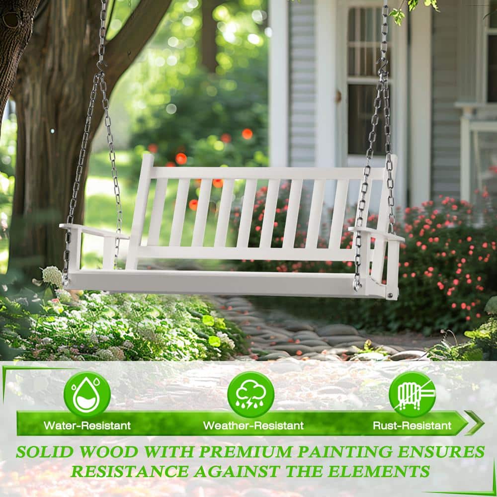 White Solid Wood 4' Outdoor Porch Swing with Chains