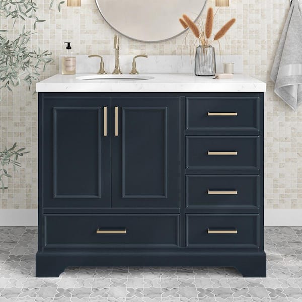 ARIEL Stafford 42 in. W x 22 in. D x 36 in. H Single Freestanding Bath Vanity in Midnight Blue with Carrara White Quartz Top