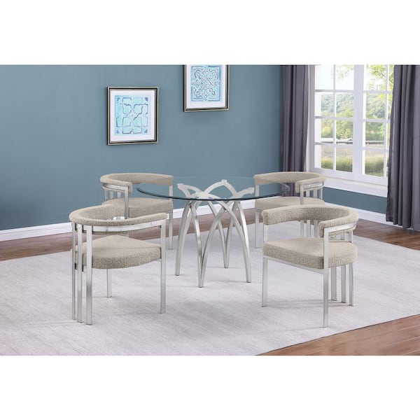 Best Quality Furniture Bayton 5-Piece Clear Tempered Glass Top Brushed Matte Chrome-Plated Base Dining Set With 4 Grey Boucle Fabric Chairs