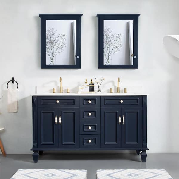 WELLFOR 60 in. W x 22 in. D x 35 in. H Bath Vanity in Blue with Carrera White Vanity Top and Medicine Cabinet