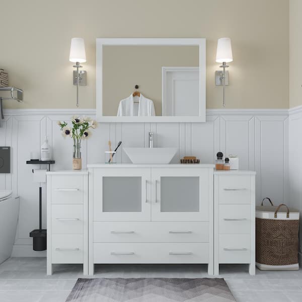 Vanity Art Ravenna 60 in. W Bathroom Vanity in White with Single Basin in White Engineered Marble Top and Mirror