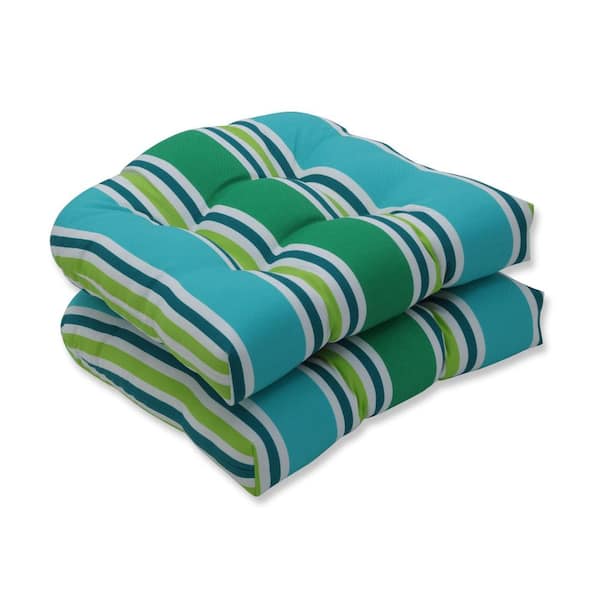 Pillow Perfect Striped 19 in. x 19 in. Outdoor Dining Chair Cushion in Blue/Green/Off-White (Set of 2)