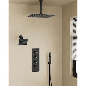 Thermostatic Valve 7-Spray 16 in. and 6 in. Dual Ceiling Mount Shower Head and Handheld Shower 2.5 GPM in Matte Black
