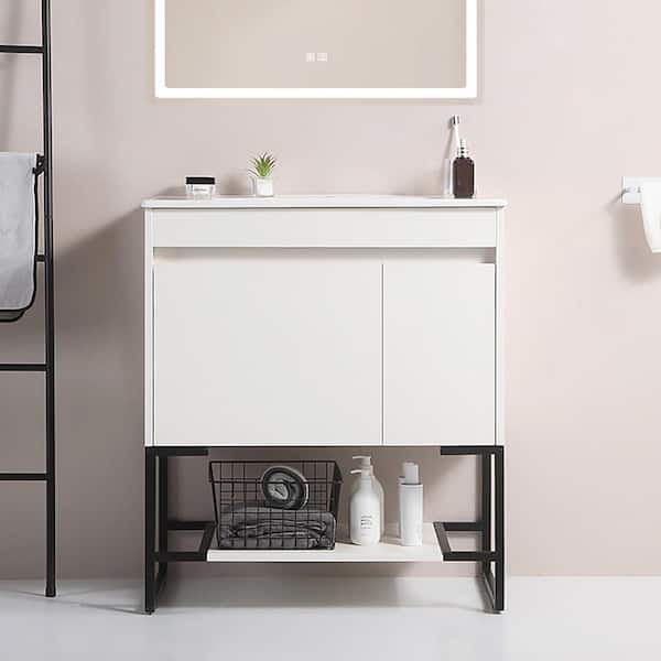 Staykiwi 30 in. W x 18.5 in. D x 33.5 in. H Freestanding Bath Vanity in White with White Ceramic Top