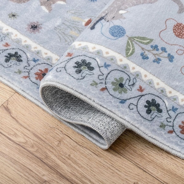 Catmosphere Festive Feline Floral Border Non-Slip Machine-Washable Gray 9 ft. x 12 ft. Area Rug