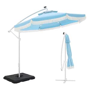 10 ft. Metal Cantilever Solar Patio Umbrella in Light Blue With Lights Tassel Design and Crossed Base