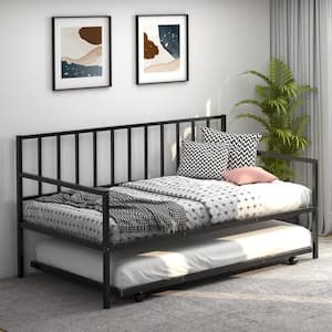 Black Twin Size Metal Daybed Sofa Bed Set with Roll Out Trundle