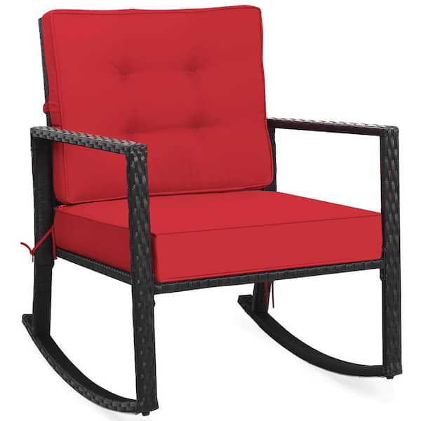 Costway Wicker Outdoor Rocking Chair with Red Cushion