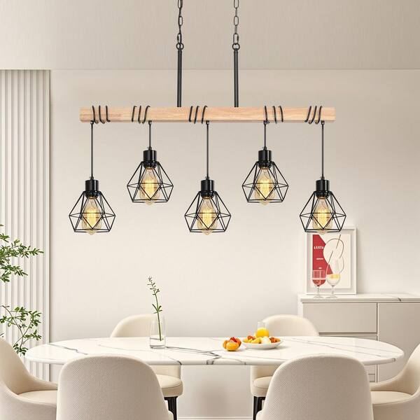Rviezza Farmhouse 5-Light Matte Black and Natural Wood Linear