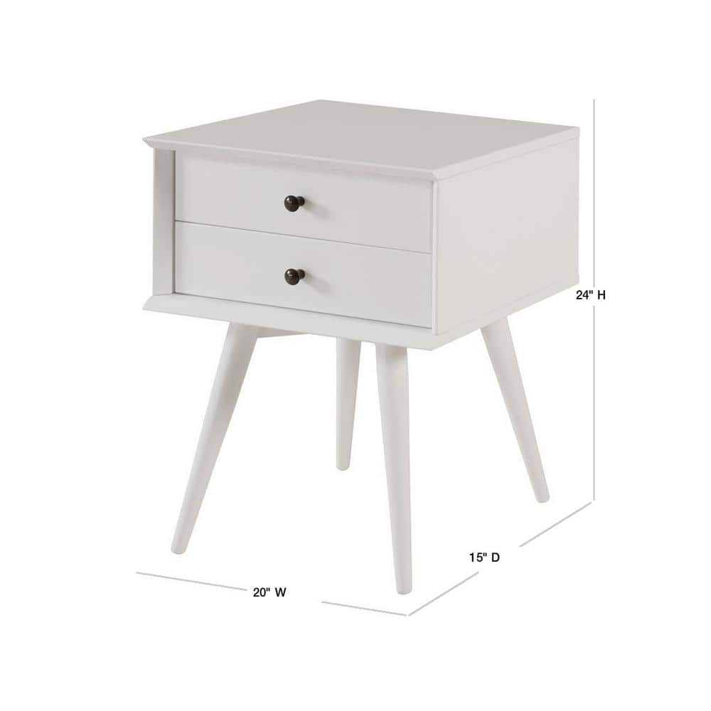 Mid-Century Modern 2-Drawer White Solid Wood Nightstand