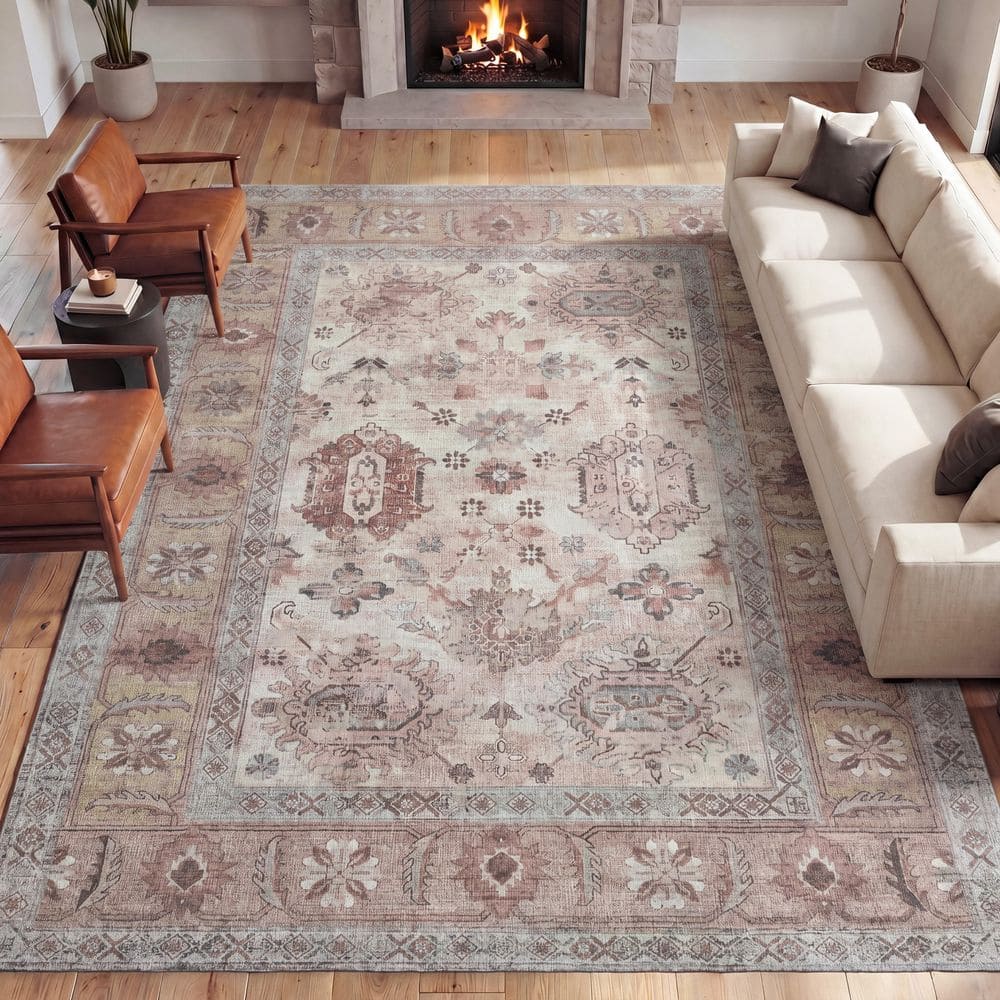 Kisara Oushak Style Distressed Border Non-Slip Machine-Washable Rose Clay/Cream 9 ft. x 12 ft. Area Rug price history on PriceWatchPro