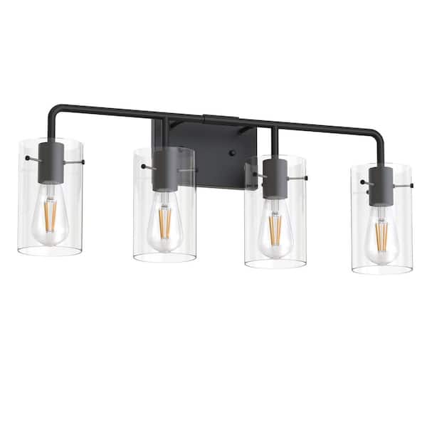 26 in. Industrial 4-Light Matte Black Farmhouse Vanity Light with Glass Shades for Bathroom