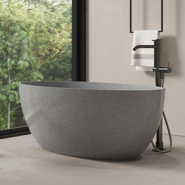 63 in. x 31 in. Terrazzo Stone Solid Surface Flatbottom Freestanding Soaking Bathtub in Gray