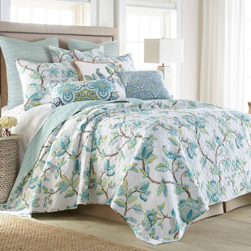 Teal and Ivory Cotton Embroidered Square Throw Pillow
