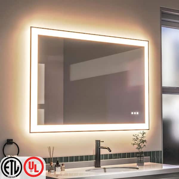 TOOLKISS 48 in. W x 32 in. H Rectangular Framed LED Anti-Fog Wall Bathroom Vanity Mirror in Black with Backlit and Front Light