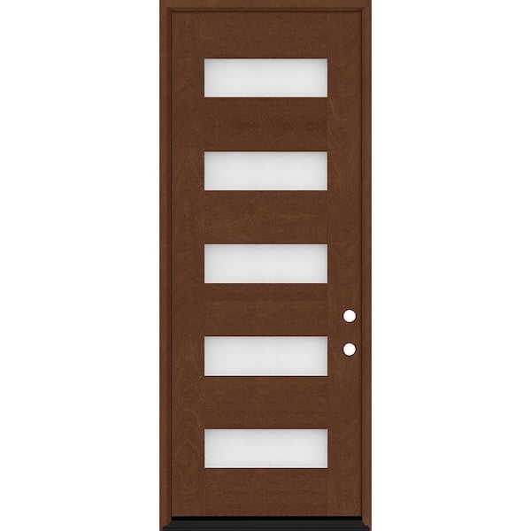 Steves & Sons Regency 36 in. x 96 in. 5L Modern Frosted Glass LHIS Chestnut-Stained Fiberglass Prehung Front Door