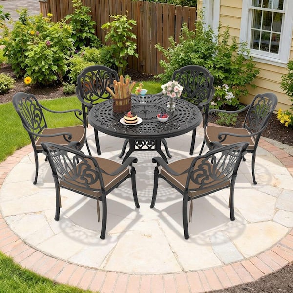 Elizabeth Black 7-Piece Cast Aluminum Outdoor Dining Set, 47.24 in. Round Table and 6 Patio Chairs with Brown Cushions