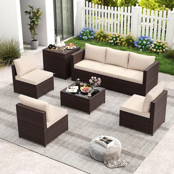 8-Piece Wicker Outdoor Sectional Furniture Set with Storage Box and Tempered Glass Coffee Table Beige Cushions