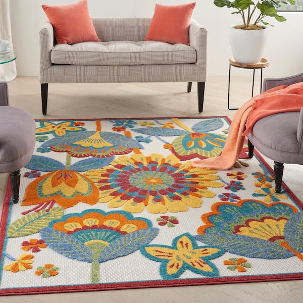 Aloha Multicolor 4 ft. x 6 ft. Floral Contemporary Indoor/Outdoor Patio Area Rug