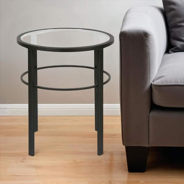 HomeRoots 20 in. Black Round Glass End Table