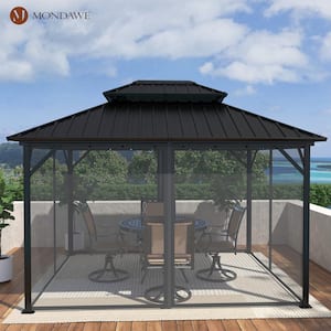 10 ft. x 12 ft. Black Double Roof Hard Top Aluminum Frame Gazebo with Netted Curtains for Garden, Patio, Backyard