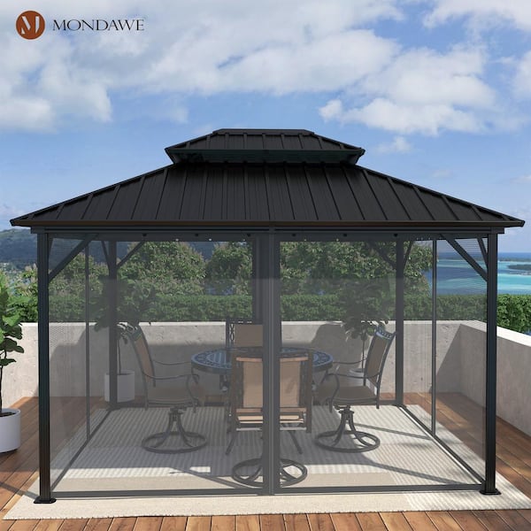 Mondawe 10 ft. x 12 ft. Black Double Roof Hard Top Aluminum Frame Gazebo with Netted Curtains for Garden, Patio, Backyard