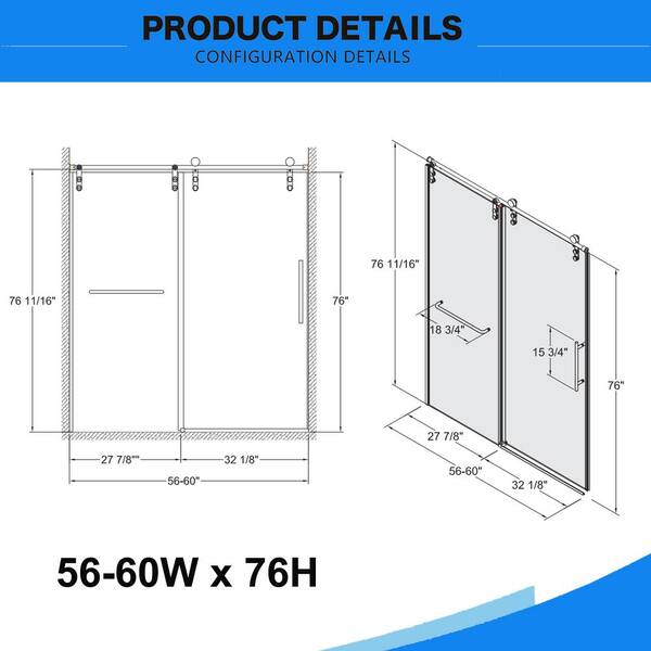 Xspracer Victoria 56-60 in. W x 76 in. H Sliding Frameless Shower Door in Chrom Finish with Clear SGCC Tempered Glass