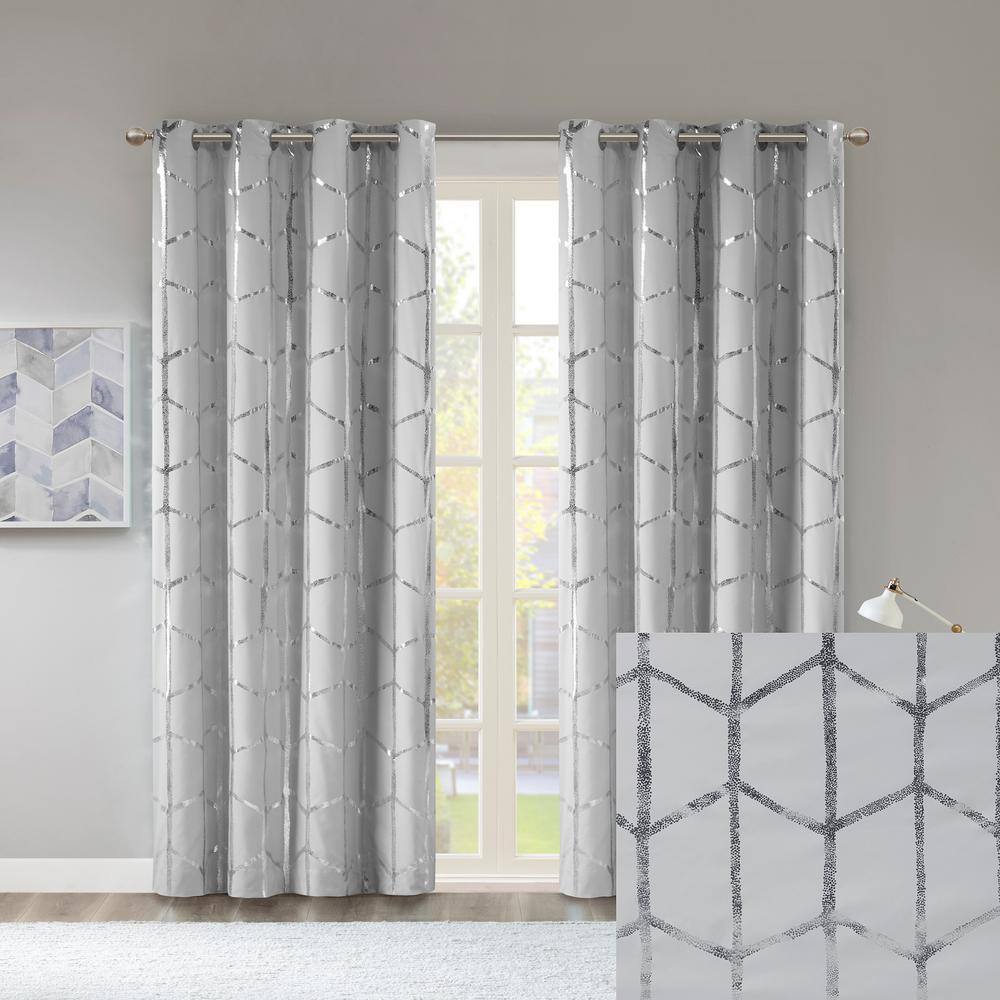 Grey/Silver Geometric Blackout Polyester Grommet Curtains, 50"x84" Set of 2