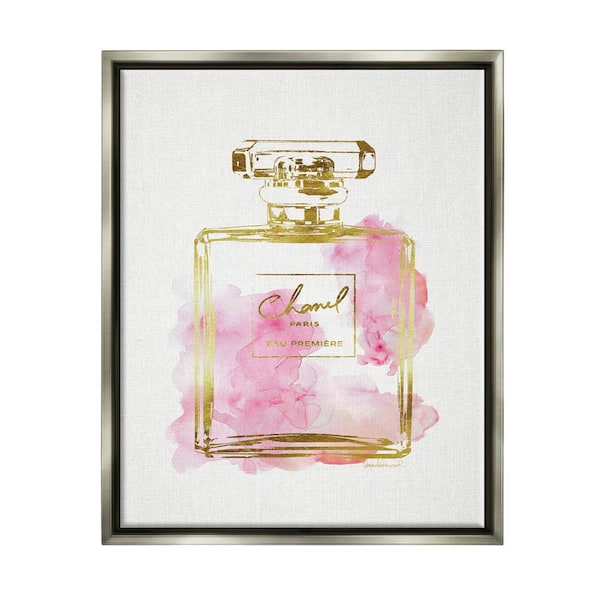 The Stupell Home Decor Collection Glam Perfume Bottle Gold Pink by Amanda Greenwood Floater Frame Culture Wall Art Print 25 in. x 31 in.