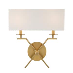 Arondale 2-Light Warm Brass Wall Sconce with White Fabric Shade