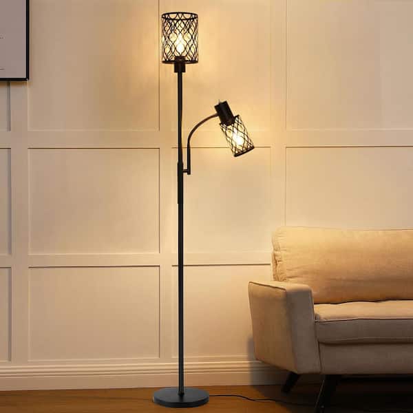 72 in. H Black 2-Lights Standard Floor Lamp-Tall Standing Lamps with Bulbs and Cage Shades