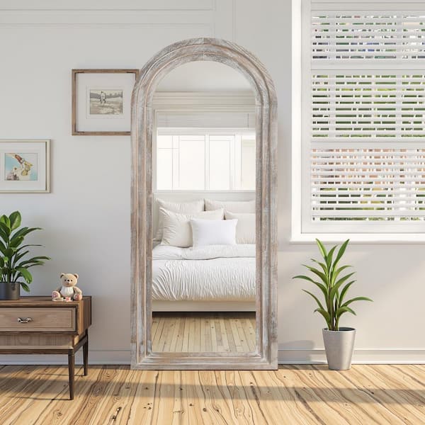 Unbranded Weathered White 31 in. W x 71 in. H Arched Wood Full Length Mirror Standing Mirror