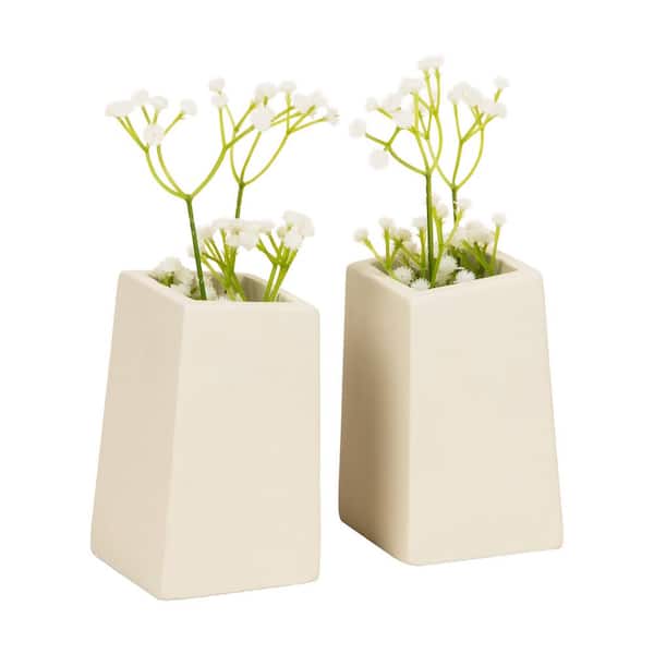 Cement Planter Bookends with Faux Plants, Decorative Book Ends for Shelves and Desk, Set of 2, White