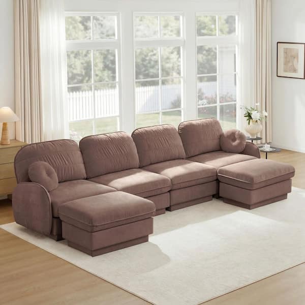 Udele 137 in. Flared Arm Chenille U-Shaped Sectional Sofa in Red with Round Pillows, 2 Ottomans, Rose Dust