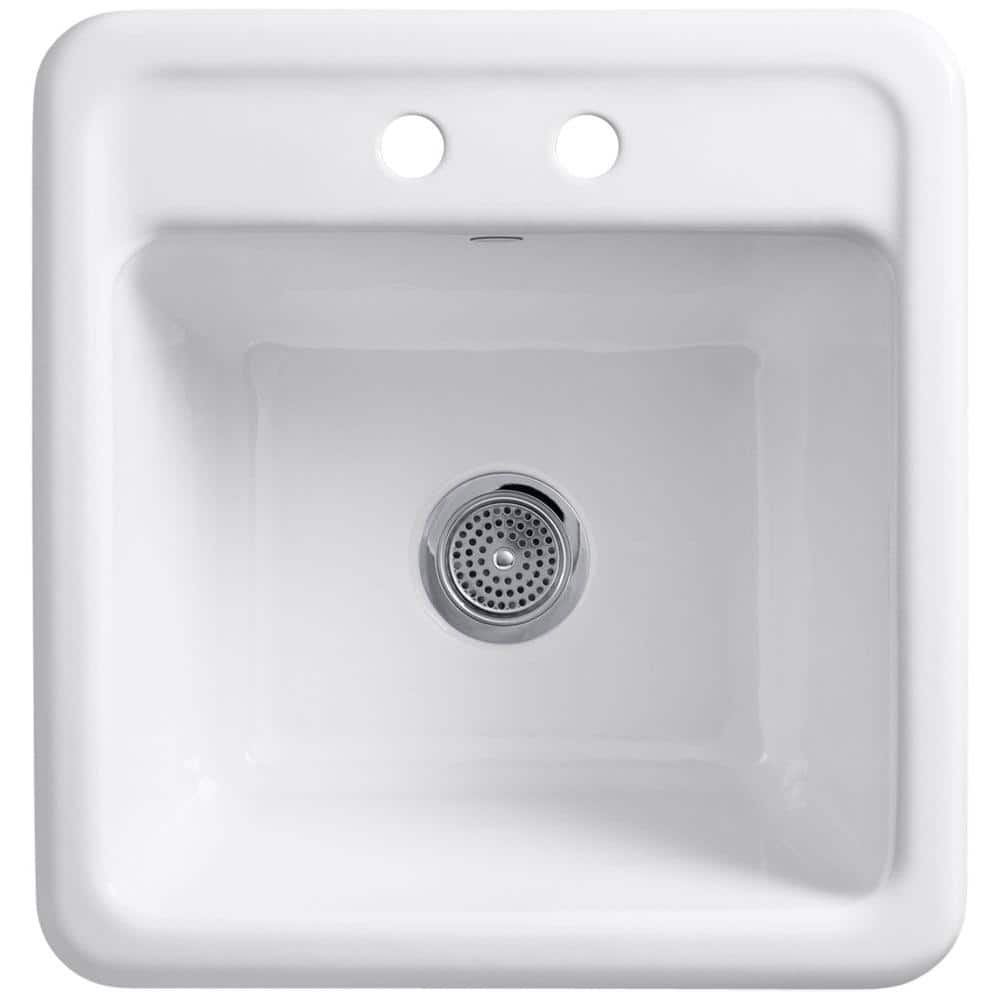 White Cast Iron Dual-Mount Utility Sink with Two Faucet Holes