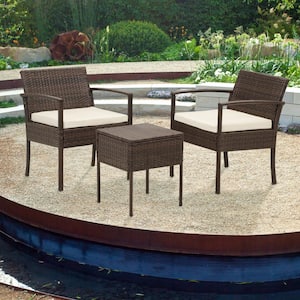 3-Pieces Rattan Wicker Patio Conversation Set Outdoor Table and Chairs with White Cushions