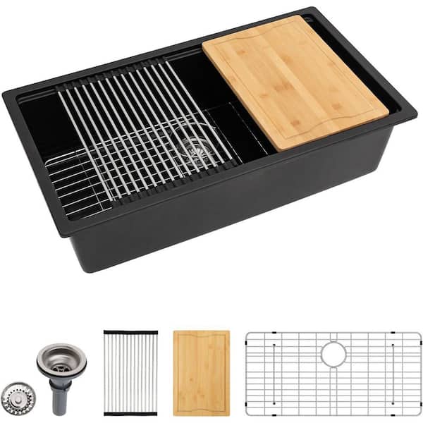 32 in. Matte Black Workstation Granite Composite Undermount Kitchen Sink, Single Bowl with Accessories