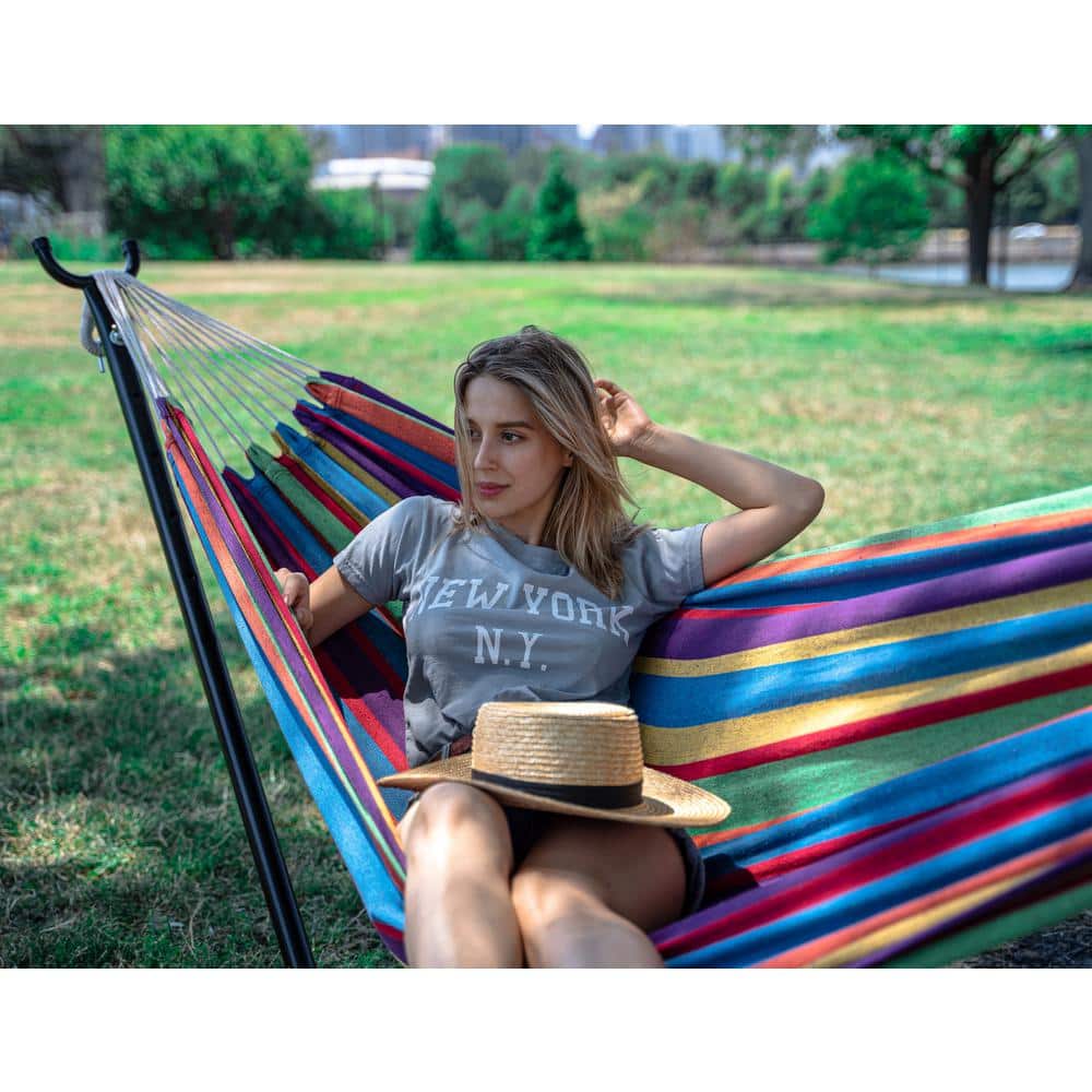 9-Foot Caribbean Rainbow Cotton Double Hammock with Stand