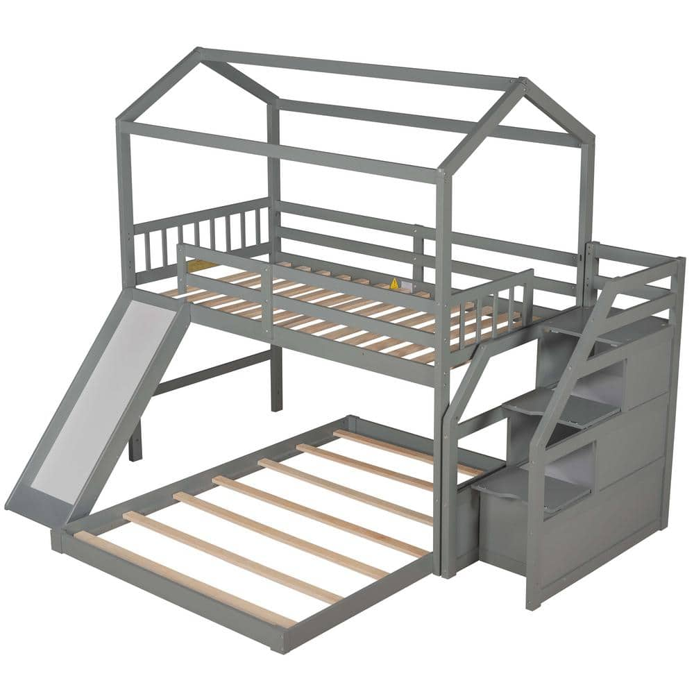 GOJANE Gray Twin over Full House Bunk Bed with Convertible Slide and ...